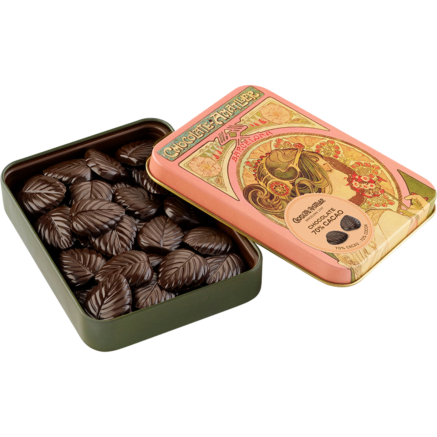 Cases of 10 Chocolate 70% Leaves Metal Tin 60g