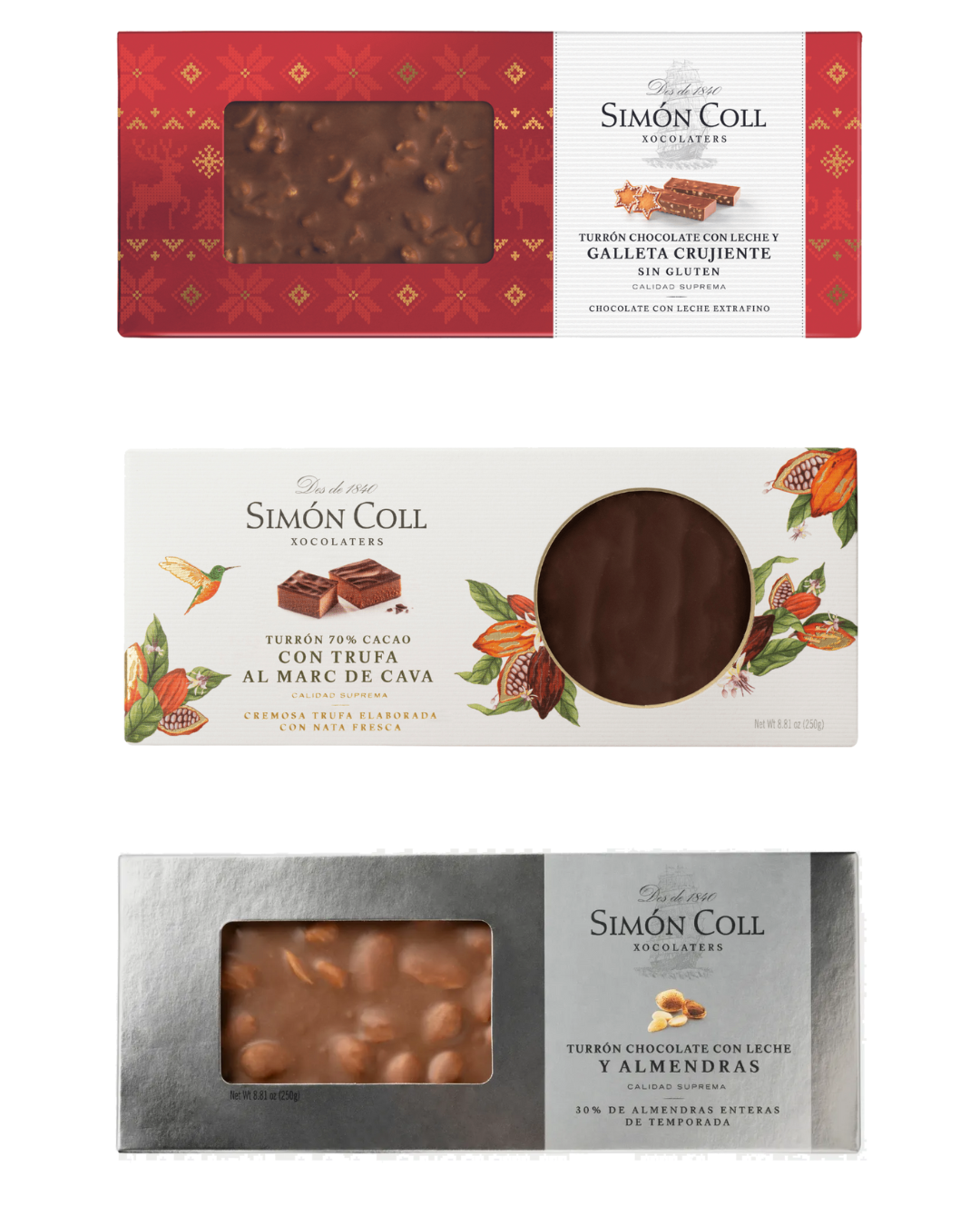 Simon Coll Chocolate Nougat Assortment – 3 Bars (250g Each)