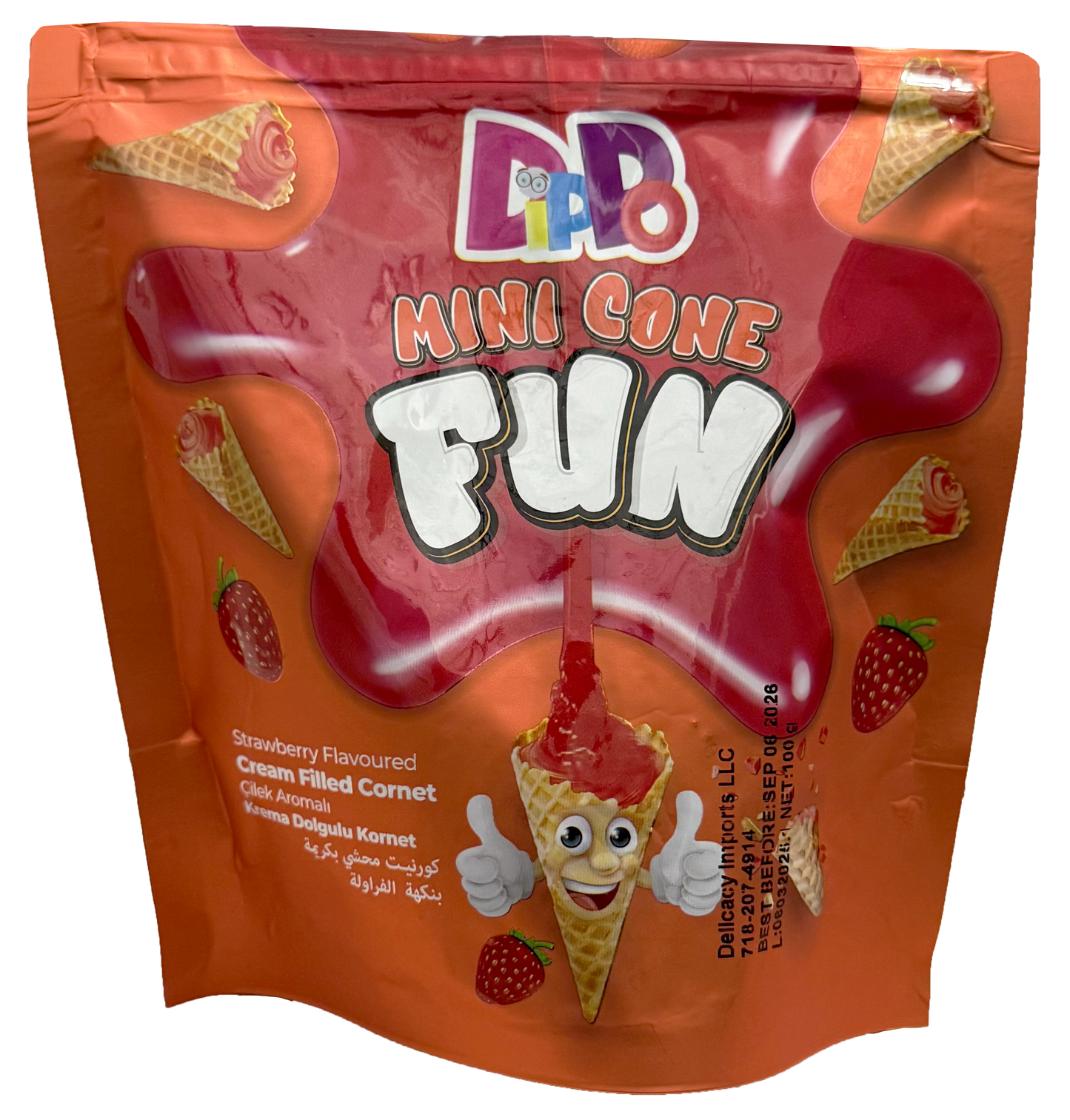 18 Dippo mini cone Strawberry flavored bags 100g