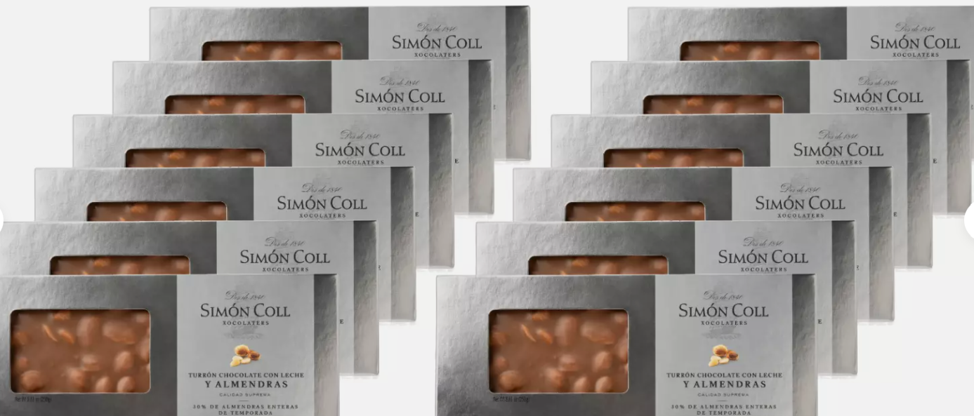Pack of 12 Simon Coll Milk Chocolate w/whole almonds Nougat 250g